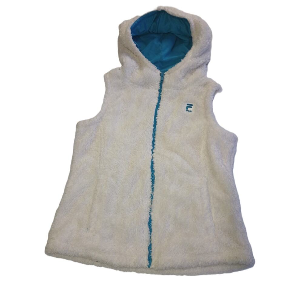 Fila Sport Girl's Hooded Vest Full-Zip Faux Fur Ivory&Blue Outdoor Size 7/8 G002